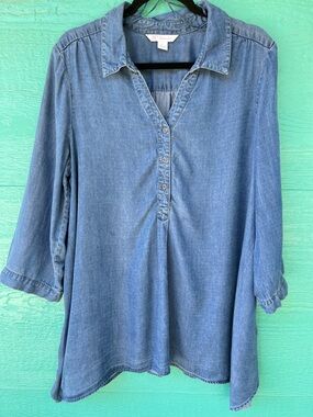 Khakis & Company Lyocell Chambray Shirt Dress L Blue Popover Roll Tab Sleeves